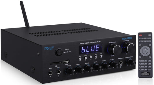 Pyle Wireless Bluetooth Streaming Amplifier - 300W Multi Channel Receiver with Dual Hi Def in/Out, Optical/Coaxial w/ 24 Bit decoding, Aluminum Control Knobs, Headphone Out, USB-A/SD - PDA99BU