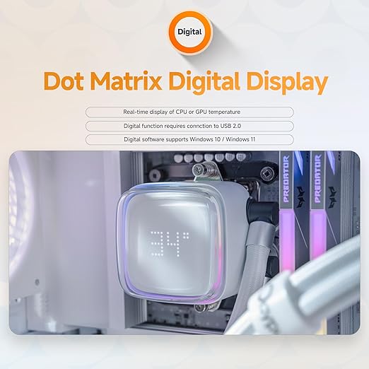 Iota L36 WH AIO CPU Liquid Cooler 360mm with Temp Digital Display,ARGB Aluminum Alloy Pump,Fluid Dynamic Bearing PWM Fans,TDP300W Water Cooling System for Intel LGA 115x/1200/1700/1851 & AMD AM4/AM5