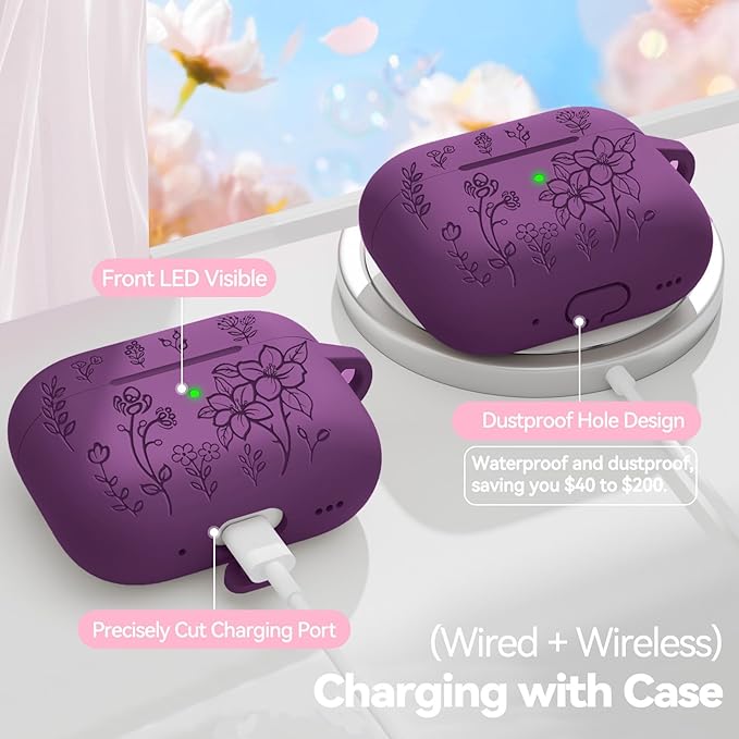 for Airpods Pro 3 Case, Flower Engraved Case Cover Compatible with AirPods Pro 3rd Generation 2025, Soft Silicone Cases with Cute Keychain & Cleaner for Women Girly, Shockproof