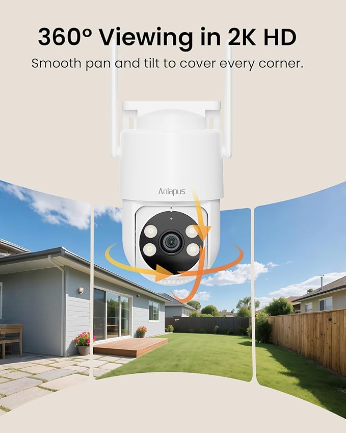 Anlapus C281 3MP 2K Security WiFi Camera Outdoor, 360° Pan/Tilt Wired Security Camera, AI Detection, Auto Track, Color Night Vision, 2-Way Audio, 2.4/5GHz, Light Siren Alarm, Cloud/Memory Card Storage