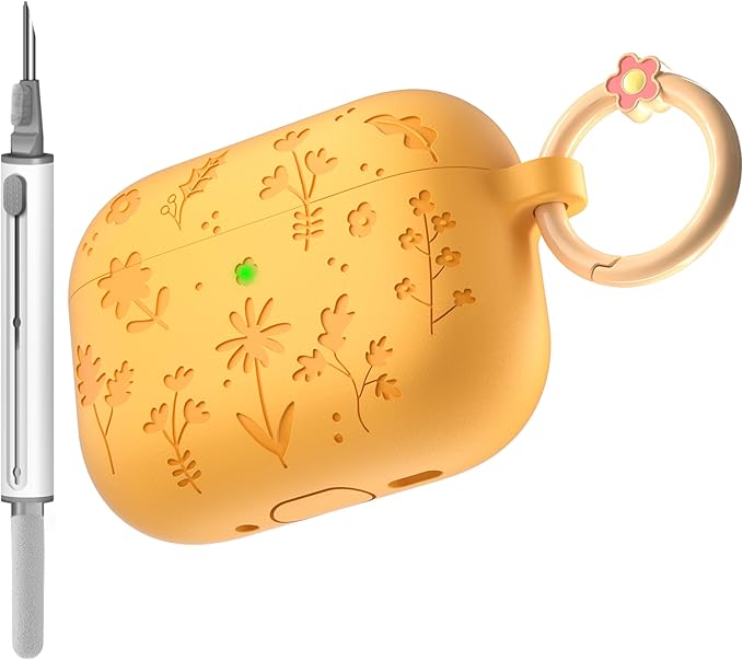 for AirPods Pro 3 Case (2025) DamonLight Floral Engraved Shockproof Protective Soft Silicone Case Cover with Cleaning Pen and Floral Keychain for Apple Airpods Pro 3rd Generation (Orange)
