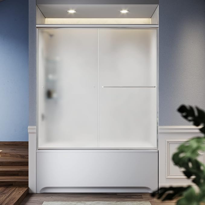 SUNNY SHOWER 60" W x 57.4" H Bathtub Shower Door 1/4" Frosted Glass Double Sliding Doors Tub Doors Chrome Finish