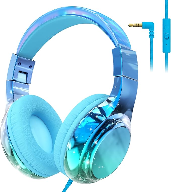 QearFun Kids Headphones Wired with Mic, 85/94dB Safe Volume Limit, Foldable Over Ear, Tangle-Free Cord & Sharing Port, Wired On-Ear Headset for School, Chromebook, Tablet, Travel - Boys & Girls