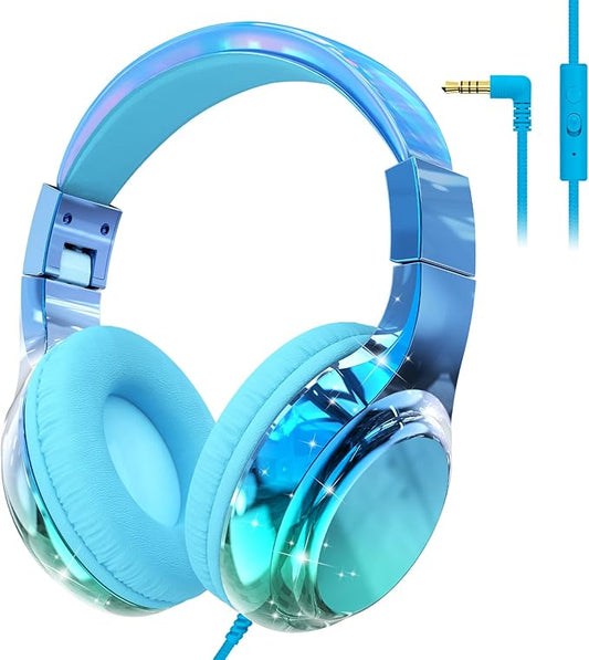 QearFun Kids Headphones Wired with Mic, 85/94dB Safe Volume Limit, Foldable Over Ear, Tangle-Free Cord & Sharing Port, Wired On-Ear Headset for School, Chromebook, Tablet, Travel - Boys & Girls