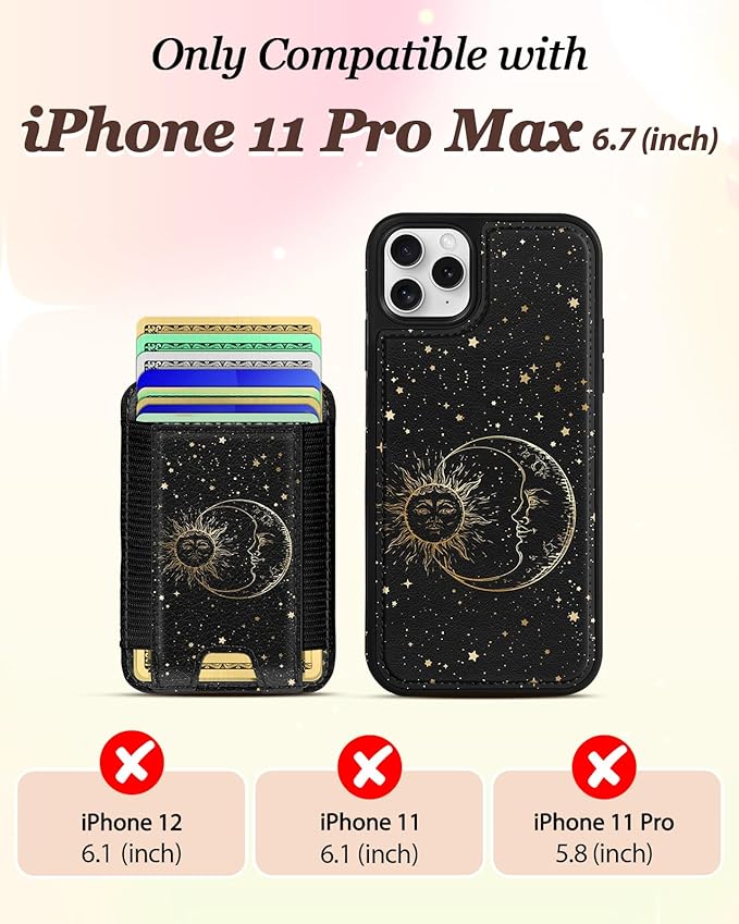 Shorogyt for iPhone 11 Pro Max Wallet Case - Fits 5 Cards, Compatible with Magsafe Detachable Magnetic Credit Card Holder Leather Cardholder Cute Phone Cover Women Girls for Apple 11 ProMax, Sun Moon