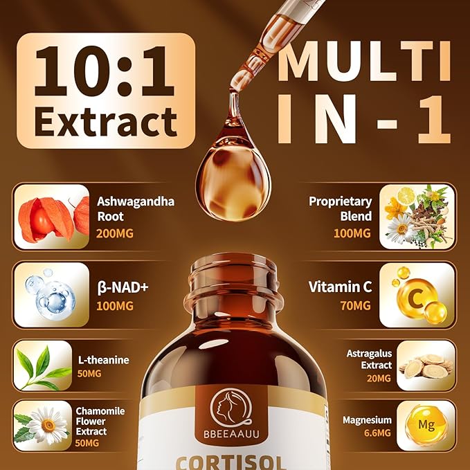 2 Pack Cortisol Supplements for Women & Men, with 200mg Ashwagandha, L-Theanine & Phosphatidylserine, 21-in-1 Cortisol Manager Reducer Liquid Drops, Support Night, Focus & Energy, Pineapple