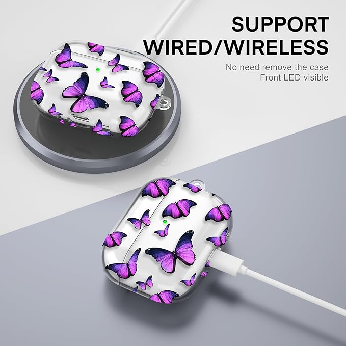 Maxjoy for AirPods Pro 3rd Generation Case, Clear AirPods Pro 3 Case for Women Girly Cute Soft AirPod Pro 3 Cover with Keychain Strap for AirPod Pro 3rd Gen Cover 2025, Purple Butterfly