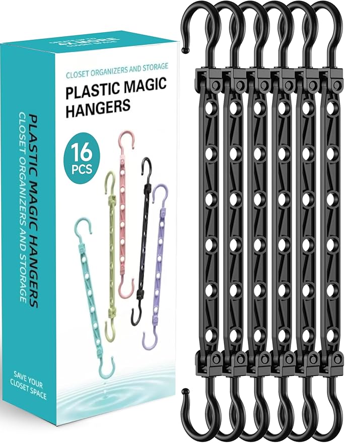 Space Saving Hangers for Clothes, 16 Pack Magic Hangers with 6 Holes and 360° Swivel Hook, Hanger Hooks Space Saver for Closet Organizers and Storage, Dorm Room Essentials, Black