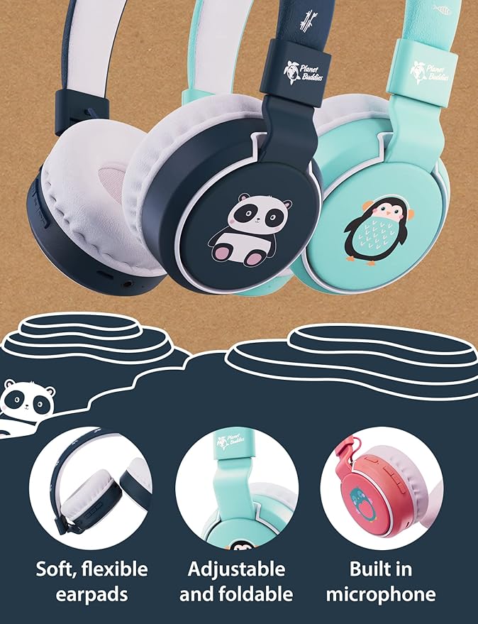 Planet Buddies Panda Kids Headphones Wireless, On Ear Bluetooth Headphones for Kids with Microphone, 85dB Volume Limiter, Cute Foldable Earphones for Tablets and Phones, Travel, School & Music