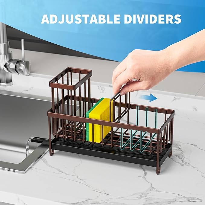Cisily Brown Sponge Holder for Kitchen Sink, Sink Caddy Organizer with High Brush Holder, Kitchen Countertop Organizers and Storage Essentials, Rustproof 304 Stainless Steel, Soap Dispenser Organize