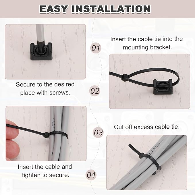 MECCANIXITY 120pcs 0.58" Cable Tie Saddle Type Mounts Base with 8" Cable Zip Ties and M3 Tapping Screws, Wire Organizer Holder Clamps Set, Black