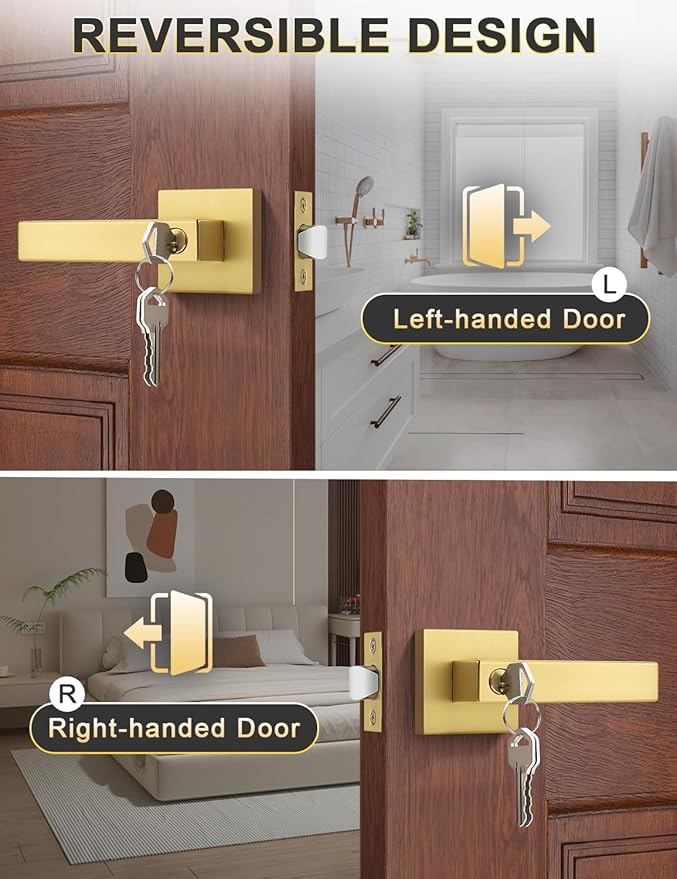 3 Pack Brushed Gold Entry Door Levers with Lock and Key, Satin Brass Keyed Alike Lockset Combo Pack, Entrance Door Handles for Office and Front Door, Door Knobs Lockset (Each with 3 Keys)