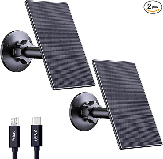 Zivif 2W Solar Panel for Security Cameras, Solar Charger with Micro USB & USB-C Port for Rechargeable Battery Security Camera, 360° Adjustable Mount, Black (2 Pack)