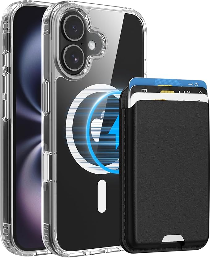 Magnetic for iPhone 16 Clear Case with Black Detachable Wallet, Compatible with MagSafe, Credit Card Holder with Slim Shockproof Protective Phone Cover