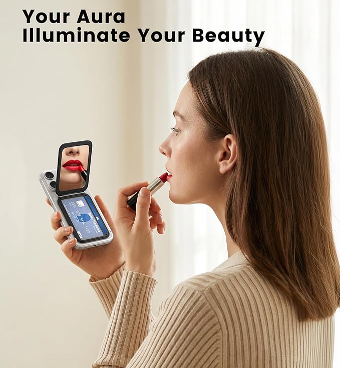 Magnetic Phone Wallet With Makeup Mirror - Mag Safe Wallet Leather RFID-Blocking Mag-Safe Card Holder for iPhone 17/16/15/14/13/12 Series, Not for iPhone 13/12 Mini (Black)