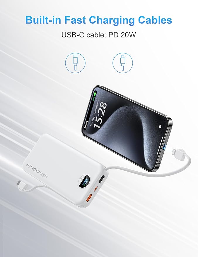 Portable Charger with Wall Plug, 10000mAh USB C Power Bank Fast Charging, External Battery Pack with Built in Cables, Digital Display, 5 Output 4 Input for iPhone Android Cell Phone Tablet