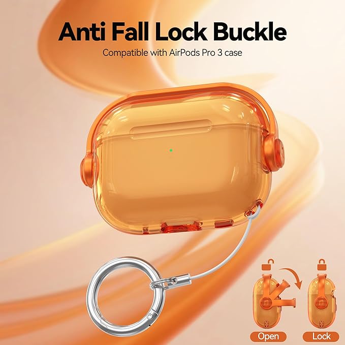 for Airpods Pro 3 Case,Safety Lock Cases for Apple Airpod Pro 3 (2025) with Cleaner Kit, Drop Protection Air pods Pro3 Case Cover for Men for Women with Keychain,Clear Orange