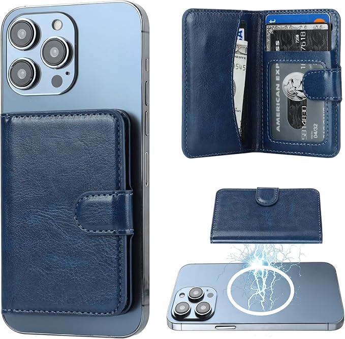 Bocasal for MagSafe Wallet Magnetic Card Holder, RFID Blocking Leather Card Slots for iPhone 17/16/15/14/13/12 Pro/Max/Plus/Air, Adjustable Kickstand Flip Mag Safe Wallet (Blue)