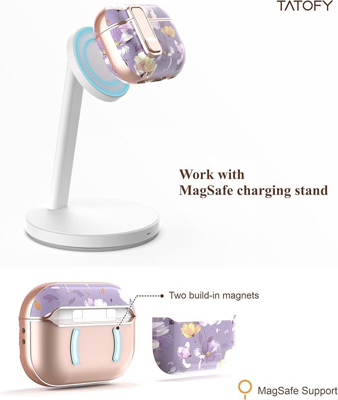 TATOFY for AirPods Pro 2nd Generation Case with Lock Carabiner Cleaner, Slim AirPod Pro 1st & 2nd Hard Case Cover, Compatible with MagSafe (Gray Purple)