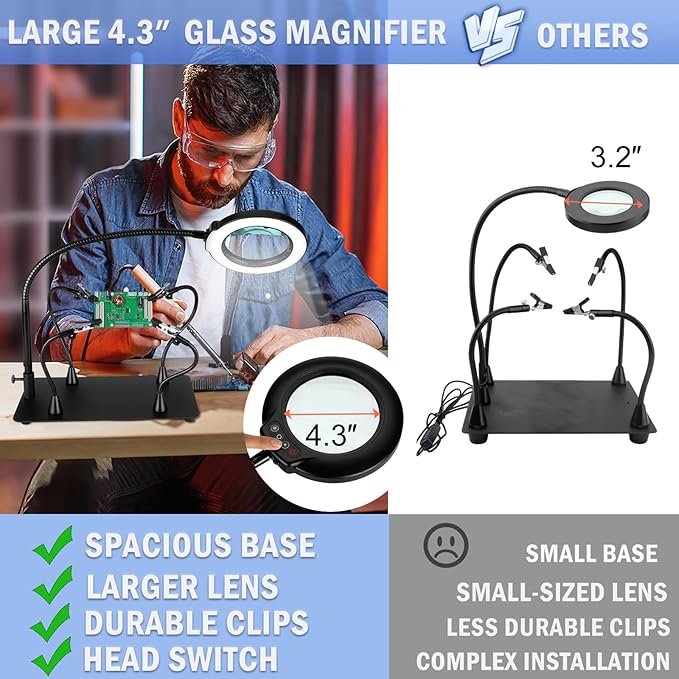 Drdefi Magnetic Helping Hands Soldering Station 10X Magnifying Lamp Large Base Third Hand Jewelry Tool Hands Free Magnifier Weighted Base with 4 Magnetic Pillar Crafts Making Electronic Hobby