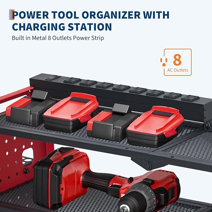 Power Tool Organizer, Drill Holder Wall Mount with Charging Station, Heavy Duty 4-Layer Garage Rack Metal Loads 400Lbs, 8 Drill Storage Shelf with Hooks, Drill Bit Shelf Battery Storage for Garage