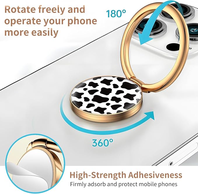 Cell Phone Ring Holder, Cute Metal Phone Grip Stand Finger Ring Kickstand, Flexible 360°Rotation Phone Tablet Case Accessories Compatible with Most Phones Black White Cowhide