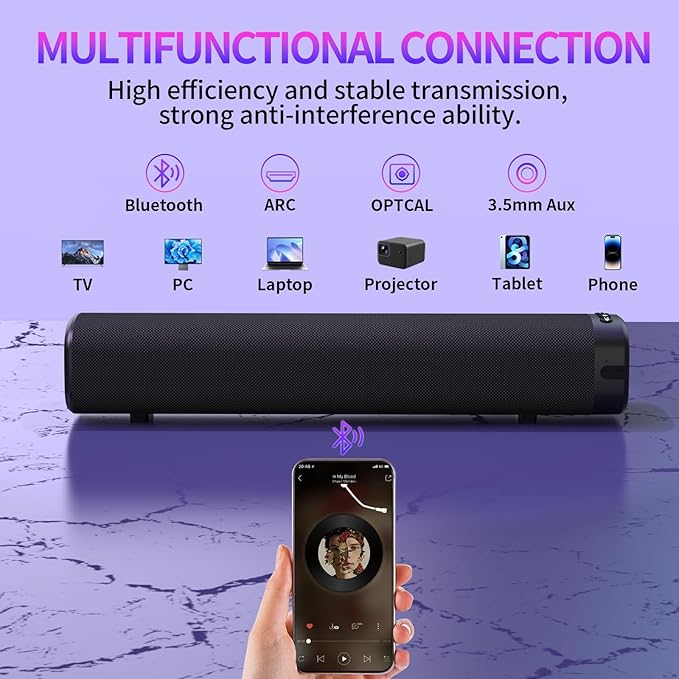 Sound Bar for Smart TV, Sound Bar, Bluetooth Sound bar, with Optical/AUX/HD ARC, Surround Sound Speakers, Surround Sound System for TV/PC/Gaming/Projectors, Wall Mountable PC Soundbar
