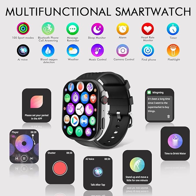 Smart Watch for Men Women (Answer/Make Calls), 2.0" Fitness Tracker with 100+ Sport Modes, Heart Rate/Sleep Monitor, Pedometer, SpO2, IP68 Waterproof Smart Watch for Android iOS Phones