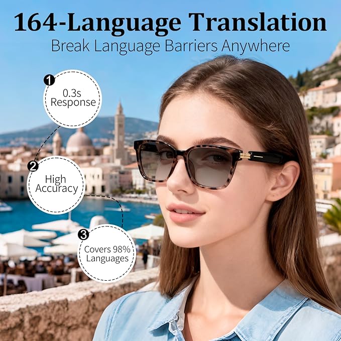 AI Smart Glasses with Real-Time Translation & Voice Assistant – Bluetooth Sunglasses with Noise-Cancelling Calls, Music, Touch Control, Photochromic Lenses, UV & Blue Light Protection-Tortoiseshell