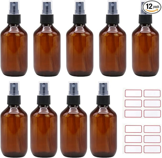 12 Pack 3.4oz Amber Spray Bottles, Small Fine Mist Mister Plastic Travel Bottles, Empty Bottles Set for Essential Oils Hair
