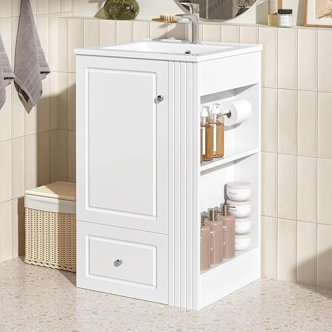 20 in Small Bathroom Vanity with Sink,Drawer,Doors and Side Storage & Toilet Paper Holder, Solid Wood & MDF Modern Single Bathroom Sink Cabinet with Drawers,Freestanding (White,20 in)