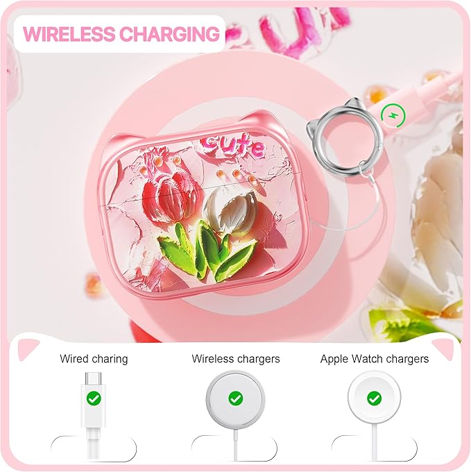 RFUNGUANGO is Compatible with AirPods Pro 3 Protective case, with Mobile Phone Holder Function, Multiple Colors Available, Suitable for AirPods Pro 3 Protective case,Pink + Tulips