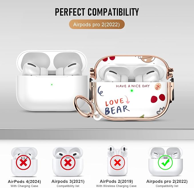 Maxjoy for Cute Airpods Pro 2 case with Safety Lock,Compatible Airpods Pro Case 2nd/1st Gen,Compatible Cute Bear AirPods Case Cover for Women Girly with Keychain-Transparent