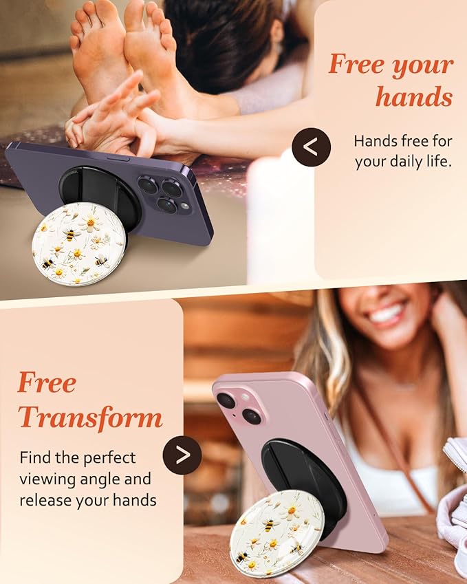 Kidcube Magnetic Phone Grip Compatible with Magsafe - Cell Phone Grip Stand Ring Holder Magnet Kickstand Removable Accessories for iPhone 16 Pro Max/16/15/14/13/12 Series Cute Girly Bee Flowers