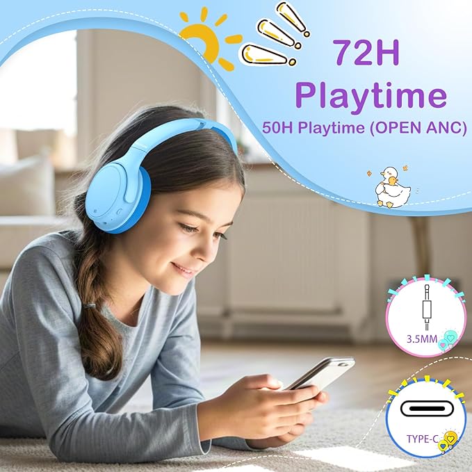 INFURTURE Active Noise Cancelling Headphones, Kids Bluetooth Headphones Wireless Over Ear Headphone, 85/94dB Volume Limited, 50H ANC & 90H Normal Playtime,for Airplane/Train/Auto/idea Gift