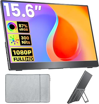 Upperizon Portable Monitor 15.6 inch FHD 87% sRGB 60Hz IPS HDR HDMI USB-C Travel Monitor for Laptop MacBook PC Surface PS5 Xbox, External Display with Kickstand & Speakers, VESA Compatible