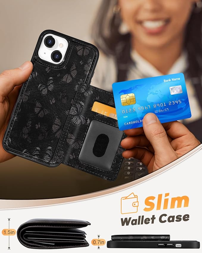 for iPhone 14/13 Case with Wallet - Fits 4 Card Slots, Compatible with MagSafe for Women Aesthetic Durable PU Leather Credit Card Holder Kickstand Phone Cover for Apple 14/13, Black Butterfly