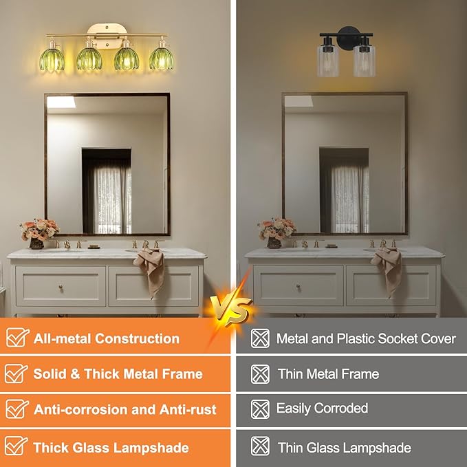 Bathroom Light Fixtures, 4-Light Brass Vanity Wall Light Over Mirror with Green Tulip Glass Shade for Bedroom Living Room (Bulb Not Included)
