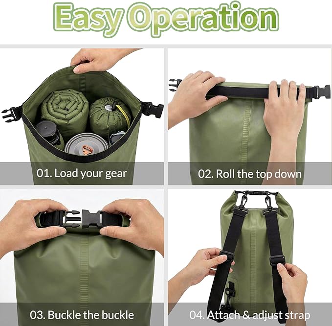kullder Waterproof Backpack 20L, Army Green Roll Top Water Proof Dry Bag, Heavy Duty Floating Dry Bag for Kayaking Ship Camping, Hiking Backpack with IPX8 Waterproof Phone Pouch-Black, 7"