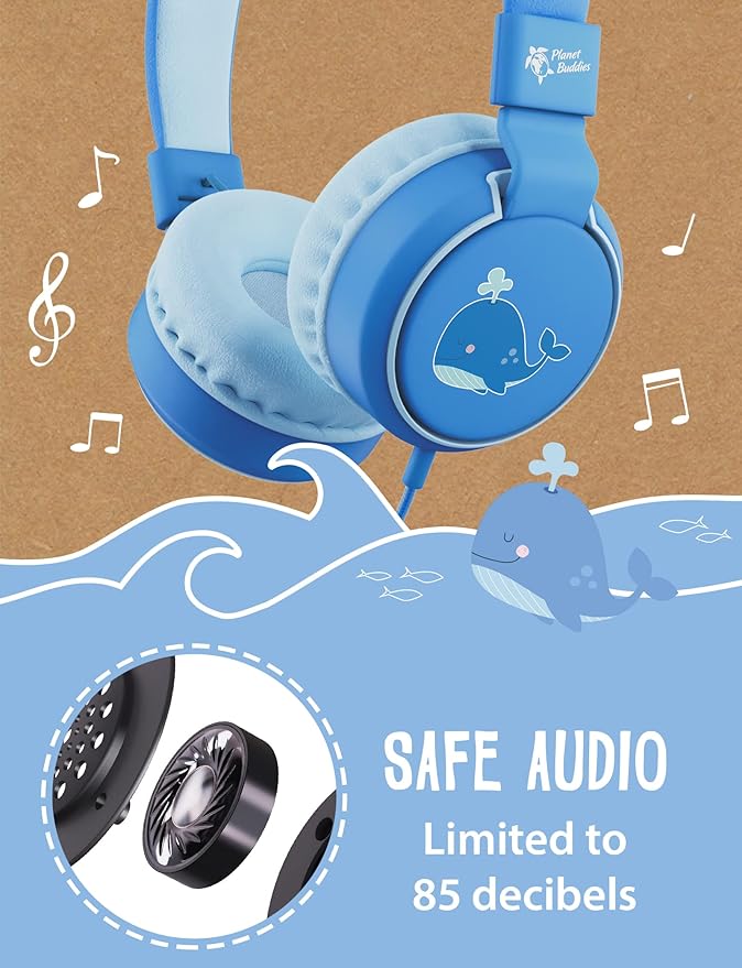Planet Buddies Whale Kids Headphones Wired, On Ear Headphones for Todler, 85db Volume Limited, Safe Foldable Earphones for Kids with Microphone, Childrens Headset for School/Tablet/Travel - Blue