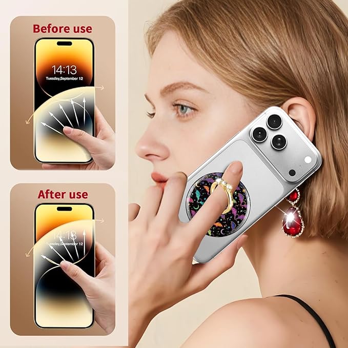 Magnetic Phone Ring Holder Compatible with MagSafe, Cute Phone Grip Stand with 360° Rotation Gold Glitter Finger Ring Kickstand Accessories for Most Phones Cute Purple Bats