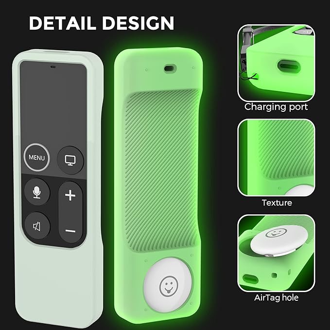 AhaStyle Compatible with Apple TV Remote Cover with AirTag Holder, Anti Slip Silicone Case for 4K 1st Gen & HD Glow Green