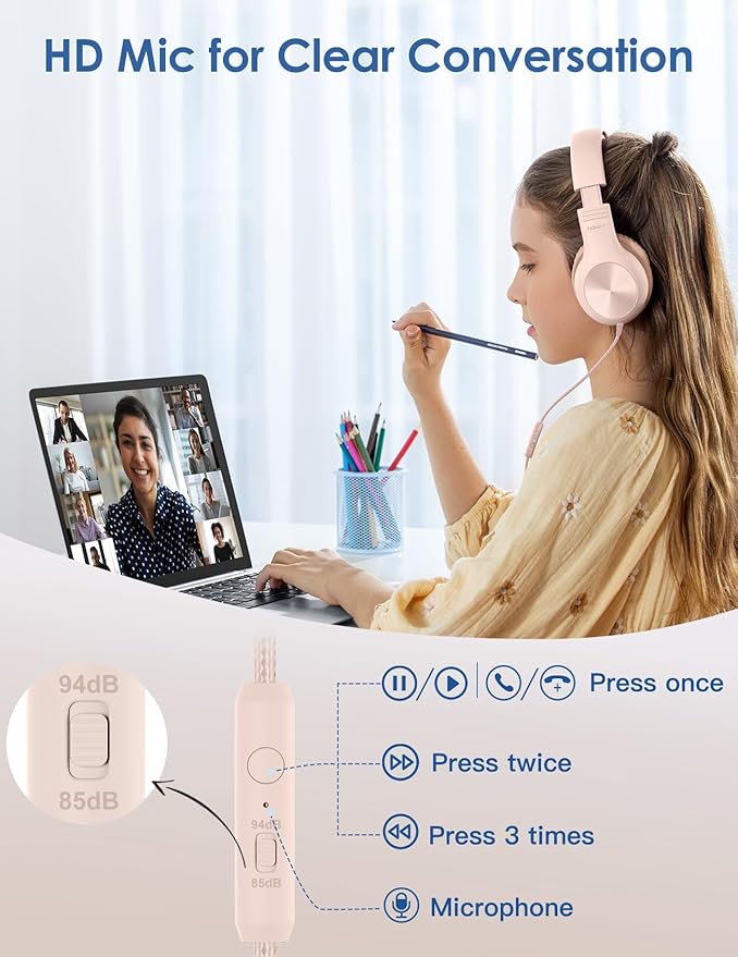 Kids Headphones with MIC, Over-Ear Headphones for Kids with Cord, HD Sound, Safe Volume Limit, Sharing Function, Kid Headset for Girls Boys, Toddler Headphone for School, Tablet, Sand Pink