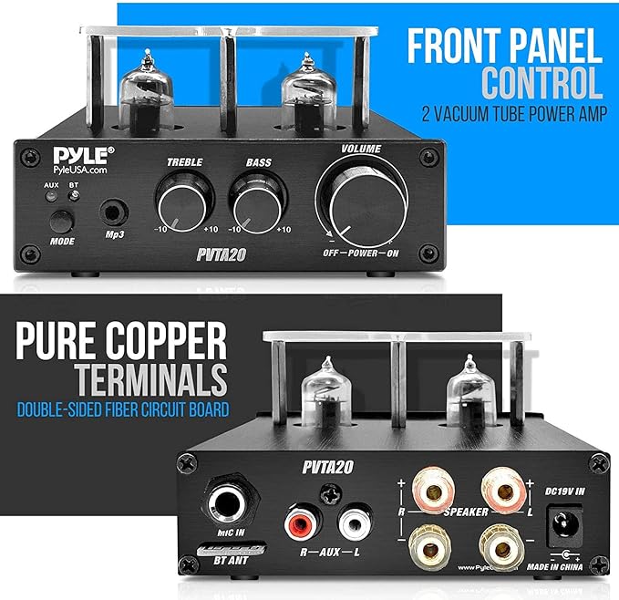 Pyle Bluetooth Tube Amplifier Stereo Receiver - 600W Home Audio Desktop Stereo Vacuum Tube Power Amplifier Receiver w/ 2 Vacuum Tubes, AUX/MP3/Microphone Inputs, Pure Copper Speaker Output - PVTA20