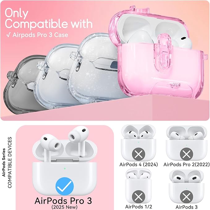 Clear Case for AirPods Pro 3 Case Cover with Safety Lock,Soft TPU Cover with Phone Stand & Cleaning Kit,Cute Bling Keychain for Women Girls-Clear Pink