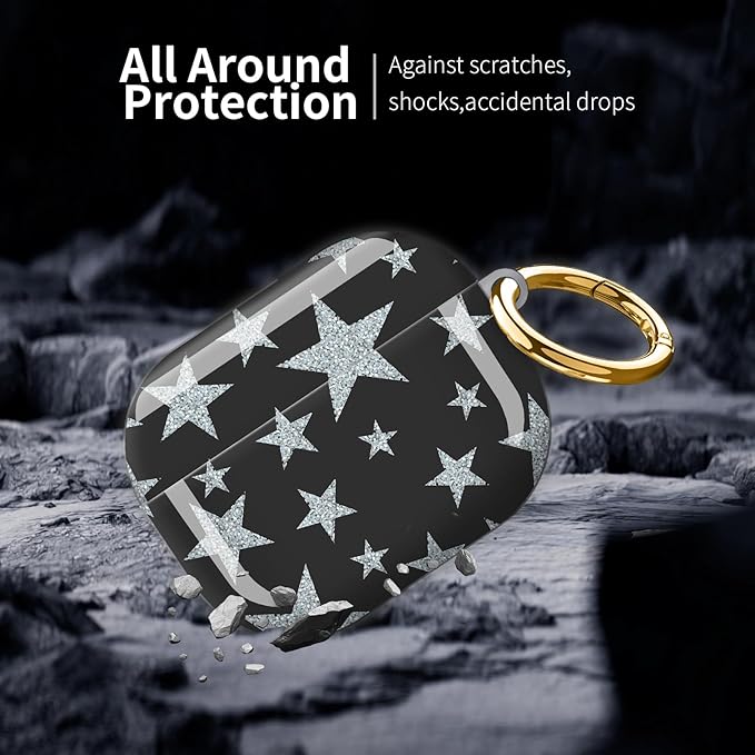 Compatible with AirPod Pro 3 (2025),Cute Case Cover for Women & Men, Full Protection Shockproof Hard Case with Keychain, Wireless Charging Case Accessories(White Stars)