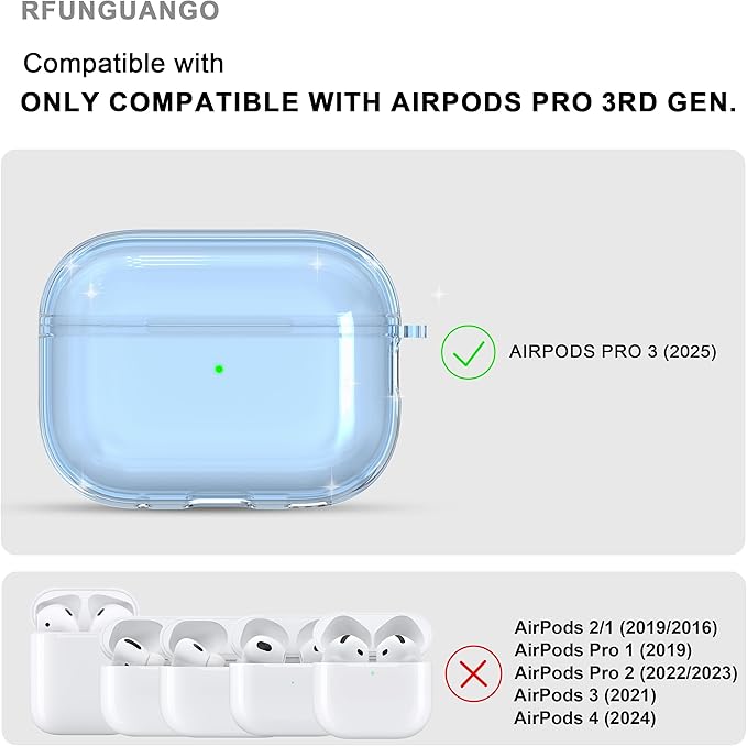 RFUNGUANGO AirPods Pro 3 Case Clear, Soft TPU Transparent with Cleaning Kit & Keychain, Compatible with Magsafe, Compatible Apple AirPods Pro 3rd (2025) Generation Protective Case, Blue