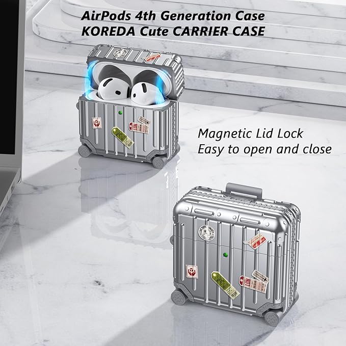 Filoto Compatible with Airpods 4 Case, Cute Fashion Suitcase Design for Airpods 4th Generation Case Cover, Shockproof Protective Hard Case with Keychain/Cleaner Kit (Silver, Airpods 4 Case)