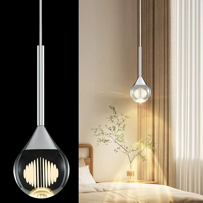 Teardrop Crystal Pendant Light – 4W LED Pendant Light with Remote Dimmable 3 Color Temperature Crystal Raindrop Chandelier for Bathroom, Kitchen Island,Dining Room,Bar (Chrome 1-Light)