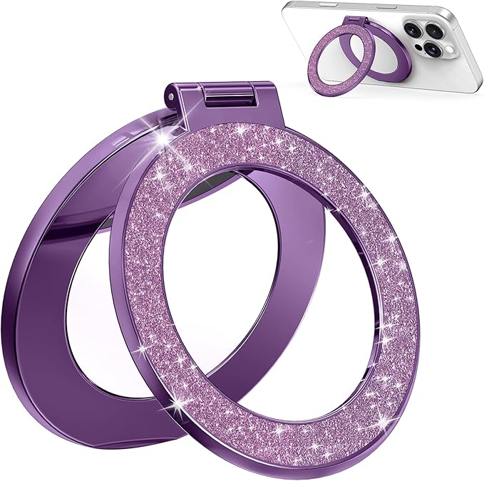 Upgraded Magnetic Phone Ring Stand Built in Mirror for Magsafe, [Electroplated & Glitter], Phone Ring Holder Grip Kickstand for iPhone 17 Pro Max 16 15 14 13 12 Series for Girl Women, Purple